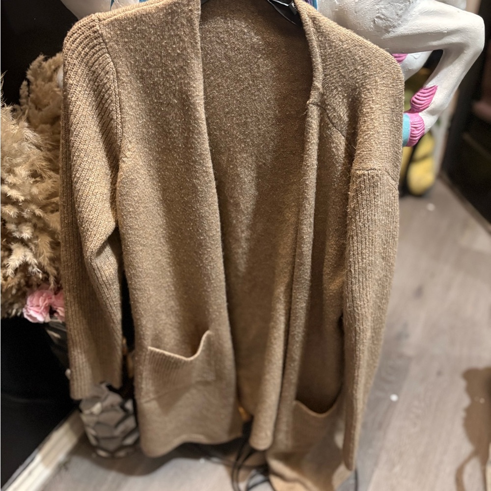 Tan Knit Cardigan Sweater with Open Front